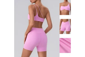 Quick Drying Herringbone Shoulder Top with Chest Cushion,seamless Yoga Suit Shorts,V-waist Two-piece Set