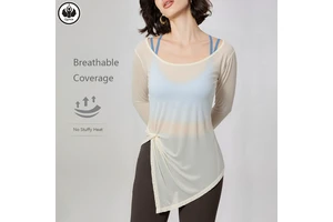 QUMOR 100% Polyester Breathable Lightweight Women's Quick-Drying Long Sleeve Yoga Blouse Loose Draping Meat-Covering Fitness Top