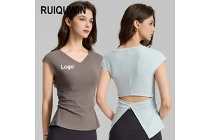 RUIQUWIN 2026 New Women's V Neck Yoga Tops Solid Color Loose Breathable Yoga T-Shirts Ruched Hollow Out Slim Sports Short Sleeve