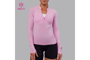 HUCAI Custom Recycled Polyester Spandex Lightweight Moisture Wicking Higher Collar Women Gym Long Sleeve Half Zip Shirt
