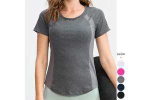 Women Gym Yoga Short Sleeve Round Neck Sports T-shirt Mesh Breathable High Elastic Speed Dry Running Fitness Sport Tops