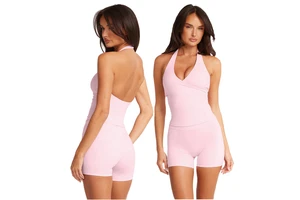 New Arrival Plus Size Custom Nylon Spandex Workout Tank Top Gym Leggings Breathable V-Shape Halter Summer Fitness Sets Padded
