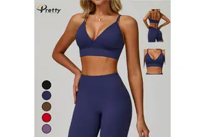 Women's Sexy V-Neck Seamless Sports Bra Moisture Wicking Yoga Top Four-way Stretch Sexy Padded Design for Running and Fitness