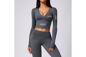 Stylish Deep V Pleated Yoga Top for Women Sexy Crop T-shirt with Long Sleeves Fitness Sportswear for Gym Running