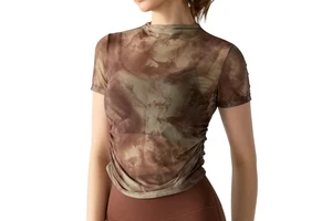 Printed Mesh Sports Top Women's New Sexy Breathable Yoga Wearslim Fitness Short-sleeved T-shirt