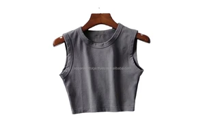 Custom Design Stretchy Slim Fit Casual Sleeveless Vest Fitness Crop Tops Sports Gym Yoga Cotton Jersey Flannel Hole Women