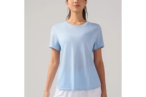 Women's Summer Cool Feeling Hollow Out Back Short Sleeve 92% Polyester 4% Spandex Lightweight Athletic Yoga Cover up Top