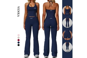 Wholesale Custom Halter Sports Tank Top With Breast Pads High Waist Butt Lift Shorts Leggings Flared Gym Fitness Yoga Set Women