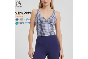 Custom Plaid Printed Women Yoga Tank Top Recycled Sports Bra Checkered Gym Workout Fitness Wear Vest Singlet