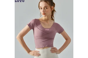 2026 Hot Sale Cross Front Yoga Top Short Sleeve with Built-in Bra Naked Feel Slimming Workout T-Shirt for Women