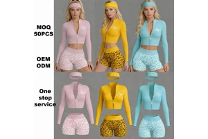 Custom Long Sleeves T Shirt And Shorts 3 Pieces Shorts Set Workout Sets Leopard Print Zip Jpgger Set For Women Sporty Sets