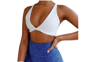 Custom Logo Sexy Gym Active Yoga Bra Fitness Top Sexy Deep V Neck Cross Back Womens Front Twisted Ribbed Workout Sport Bras