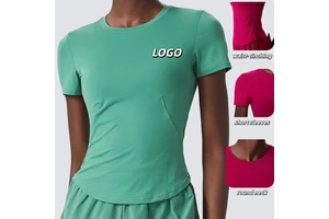 Women Ice Shreds Slim Fit Yoga Short Sleeve Shirt Lady Casual Round Neck Running Top Female Loose High Stretch Sports T Shirts