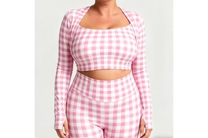 Oversize All-Over pink Grid Pattern Contrast Color Long Sleeve Workout Gym Women Yoga Square Neck Top Plus Size Leisurewear