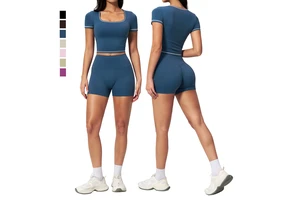 Women Activewear Solid Square Neck Yoga T-Shirt Four-Way Stretch High Waist Butt Lifting Fitness Shorts Breathable Quick Dry
