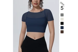 Women's Mesh Overlay Yoga Crop Top,Short Sleeve Built-in Sports Bra Summer Activewear for Gym Pilates Workout Casual Loungewear