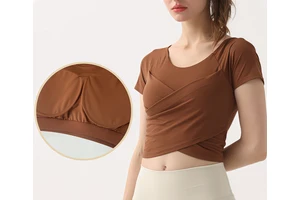 Women's Yoga Sport Top Cross Wrap Pleated Design Short Sleeve Crop Top with Built-in Bra Slim Fit Athletic Workout Fitness Shirt