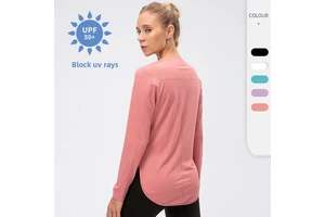 Quick Dry Moisture Wicking Long Sleeve Sports T-Shirt for Women UPF 50+ UV Protection Curved Slit Hem Yoga Gym Top