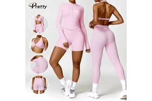 New 4PCS Yoga Sets Custom Gym Wear Halter Yoga Bra Gym Tops Fitness Leggings for Women Casual Sportswear Tight Womens Clothing