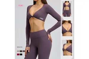 New Women Sexy Deep V Neck Sculpt Slim Fit Breathable Buttery Soft Lightweight Plain Gym Shirt Active Long Sleeve Crop Front