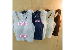 Custom LOGO Summer Yoga Sports Bra Seamless Knit Crisscross Straps Tank Top Double Layer Ribbed Waist Cinching High Support