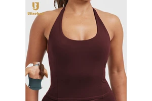 Women's Lightweight High Elastic Halter Neck Workout Tank Top Breathable Gym Sports Vest Backless Square Neck Seamless Yoga Tank
