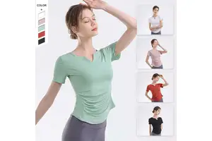 High Quality Seamless Breathable Quick-Dry Pilates Workout T-Shirt V-Neck Fold Design Front Logo Yoga Exercise Top for Women