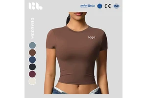 Custom Spandex Breathable Four-Way Stretch Lightweight Seamless Dry Fit Women's Crew Neck Short Sleeve Skinny Fit Yoga Gym