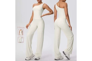2 Pieces Active Asymmetrical One Shoulder Yoga Tank Top Bra Shirt And Wide Legs Flared Pants Athletic Fitness Set