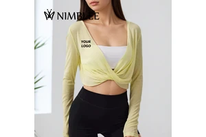 OEM Design Logo V-Neck Cross Yoga Cropped Top Casual Running Fitness Pilates Autumn Breathable Outerwear Long Sleeve Dry Top