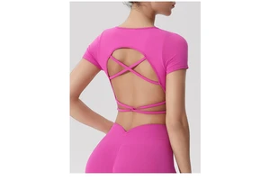 Women's Sexy Hollow Yoga Top Backless Cross-Over Short Sleeves Padded Chest T-Shirt Breathable Skinny Fit Crew Neck Front Logo