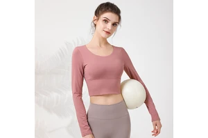 Women's Round Neck Back Bowknot Hollow Cross Straps Gym Tops Bottom Widen Removeable Cups Long Sleeve Sports Yoga Clothes