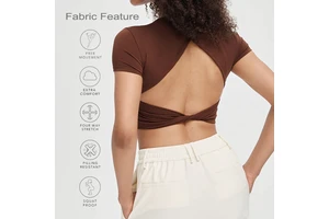 Custom High Quality Gym Fitness Wear Backless Twisted Short Sleeve Body Fit Crossed Open Back Cropped Top with Removable Padding