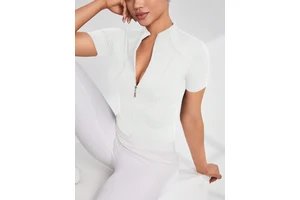 Women Half Zip Short Sleeve Yoga Top Stand Collar Slim Fit Quick Dry Workout T Shirts Breathable Gym Running Sports Crop Top