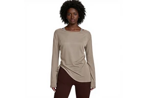 Yoga Cover-Up Long-Sleeve Hip-Covering Women's Pleated Drawstring T-Shirt Loose Casual Autumn Fitness Sweat-Wicking