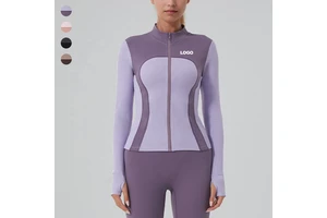Women's Color Blocking Stand Collar Yoga Jacket Full Zip up Cropped Top Long Sleeve Slim Fit Workout Shirts With Thumb Holes