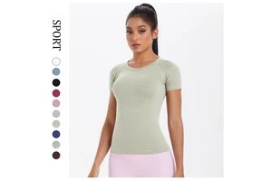 2026 Women Seamless Stretchy Crop Tops Short Sleeve T Shirts Plus Size Solid Color Workout Compression Pilates Tops Sports Wear