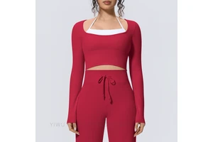 Women Yoga Top Long Sleeve Halter Neck Faux Two-Piece Sports Shirt Slim-Fit Cropped Activewear Casual Fitness Running Clothing