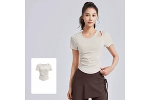 Women Sexy Hollow Out Shoulder Yoga T-shirt Ruched Waist Slim Fit Short Sleeve Gym Workout Tops