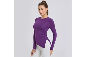 Modal Yoga Blouse Round Neck Split Blouse Pleated Slim Sports Blouse Women's Long-sleeved Yoga Clothes