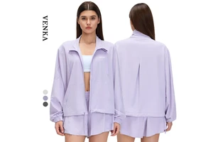 Women Sporty Fitness Athletic Wear Lightweight Stand Collar Zip-Up Long Sleeves Top Loose Drawstring Hem Ladies Gym Yoga Jacket
