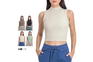 Women's Lightweight Seamless Vertical Ribbed Water-cooled High-collar Yoga Top Moisture-wicking Sweat-shrinking Anti-shock