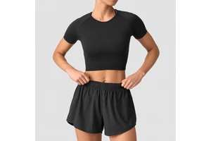 Custom Gym Fitness Breathable Summer Logo Knitted Rib Crop Top Crew Neck Slim Fit Tight Short Sleeve Sexy T-Shirt Women Yoga Top