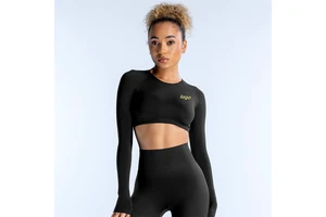 Hot Sale Women Hollow Back Long Sleeve Crew Neck Tight Yoga Sport Crop Tops Gym Pilates Running Yoga Workout Fitness Tops