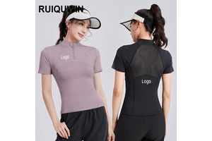 RUIQUWIN Wholesale 2025 Women's Mesh Yoga Top High Stretch Fitness Running Short Sleeve Half Zip Tight Workout Sports Shirt