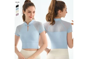 2024 New Mesh Yoga Dress Women's Chest Cushion Sports Top T-shirt Slim Fit Standing Neck Fitness Short Sleeve