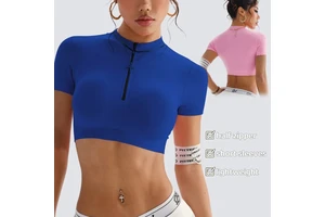 Yimo Women Half Zipper High Collar Golf Shirt Female Short Sleeves Fitness Yoga Top Lady Lightweight Slim Crop Running Vest