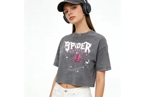 AMCLEVER 240GSM Heavyweight Cotton Vintage Washed Crop Top Women Acid Washed Short Sleeve Cropped Tee Streetwear