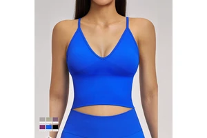 Women's High Support Seamless Quick Dry V Neck Backless Sexy Yoga Tank Top Crisscross Straps Extended Hem Slim Fit Crop Top