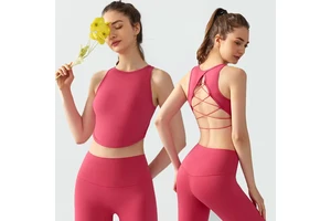 Women Cross Back Round Neck Gym Yoga Vest Lady Sexy Breathable Fitness Yoga Crop Top Female Solid Color Quick Dry Athletic Shirt